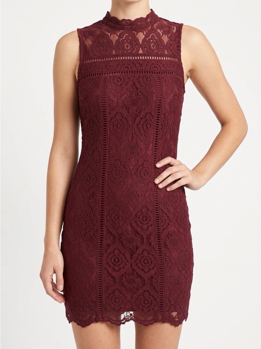 Hollister Burgundy Floral Lace Mock Neck Mini Dress Size 0 Romantic Goth Y2K